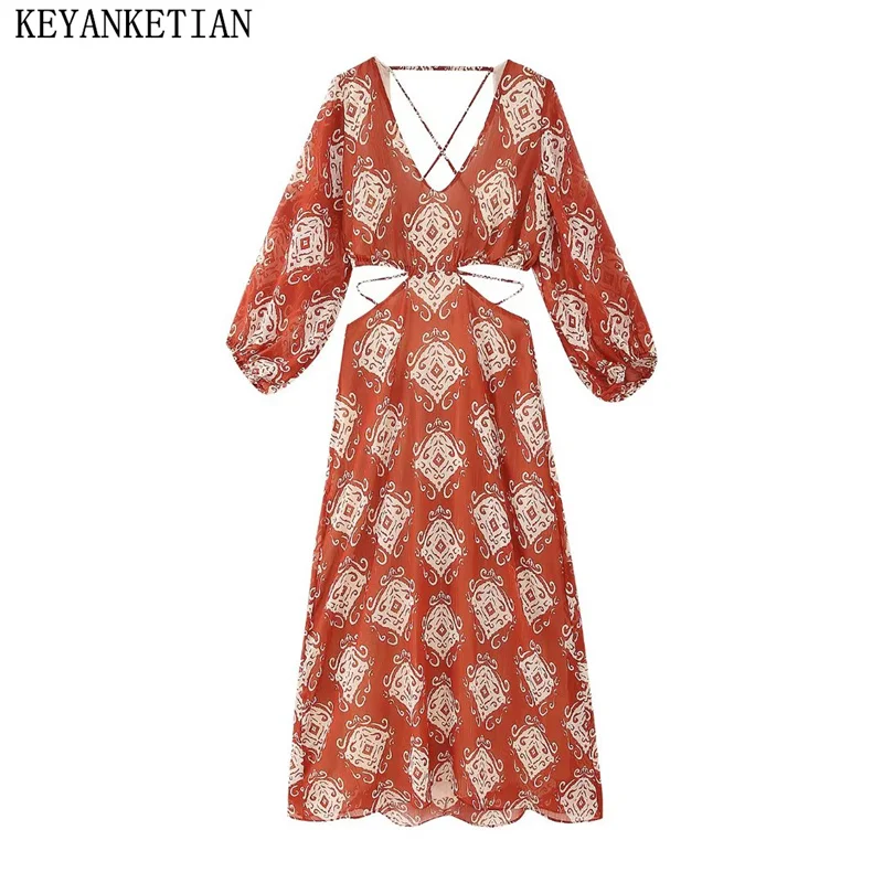 KEYANKETIAN Autumn New Women's Hollowed Out Waist Totem Print Dress National Sexy  Backless Holiday Ankle MIDI Dress