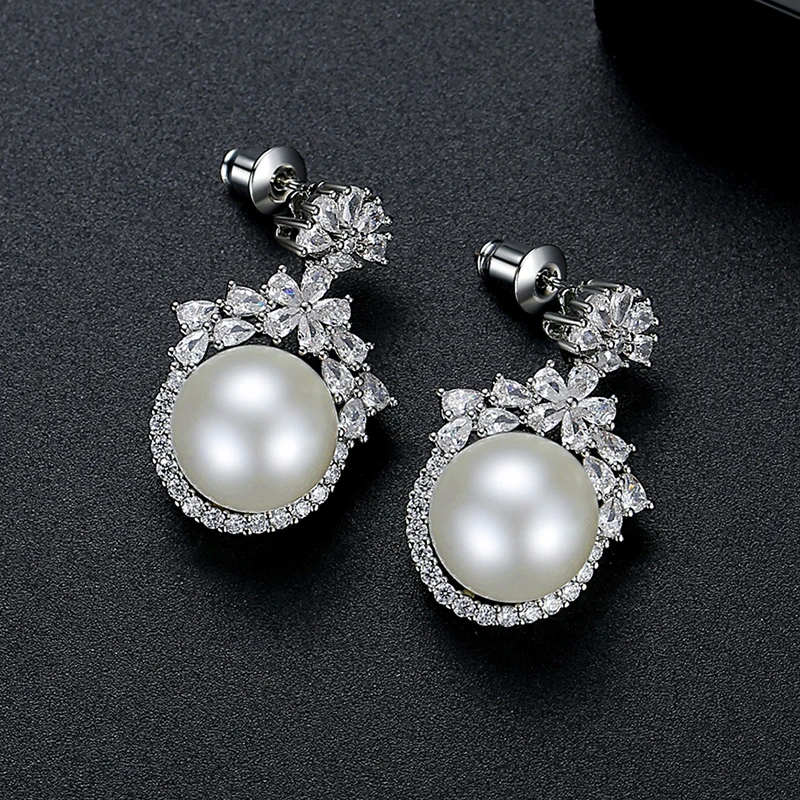 LUOTEEMI Big Imitation Pearls Earrings Temperament High Quality Graceful CZ Accessories for Women Bridal Wedding Dating Gift