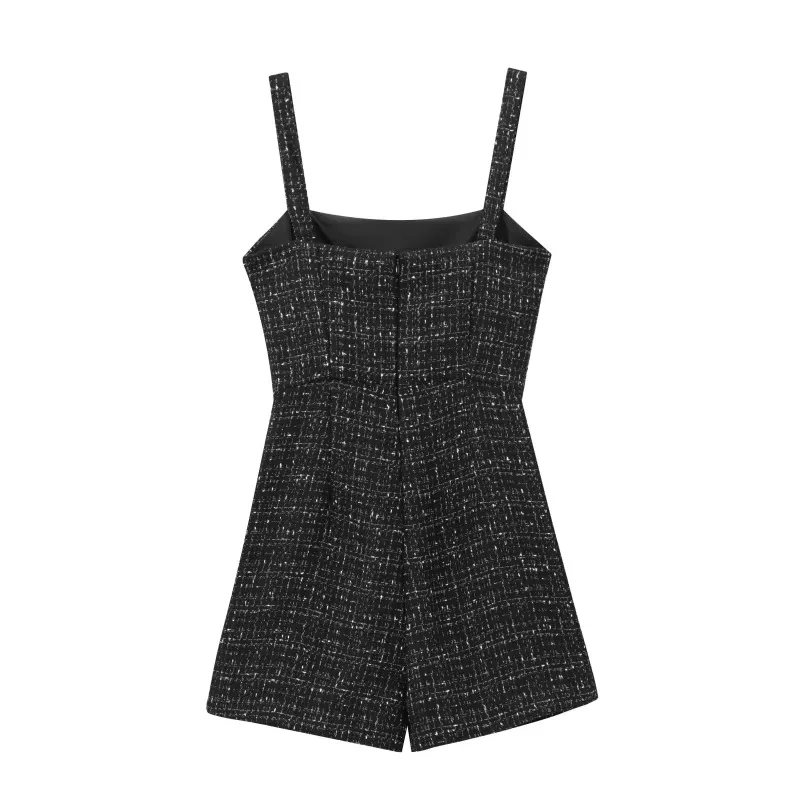 Topenomi Vintage Tweed Jumpsuit Women French Elegant Sleeveless Waist Slim Short Pants 2025 Fashion Sqaure Collar Black Romper