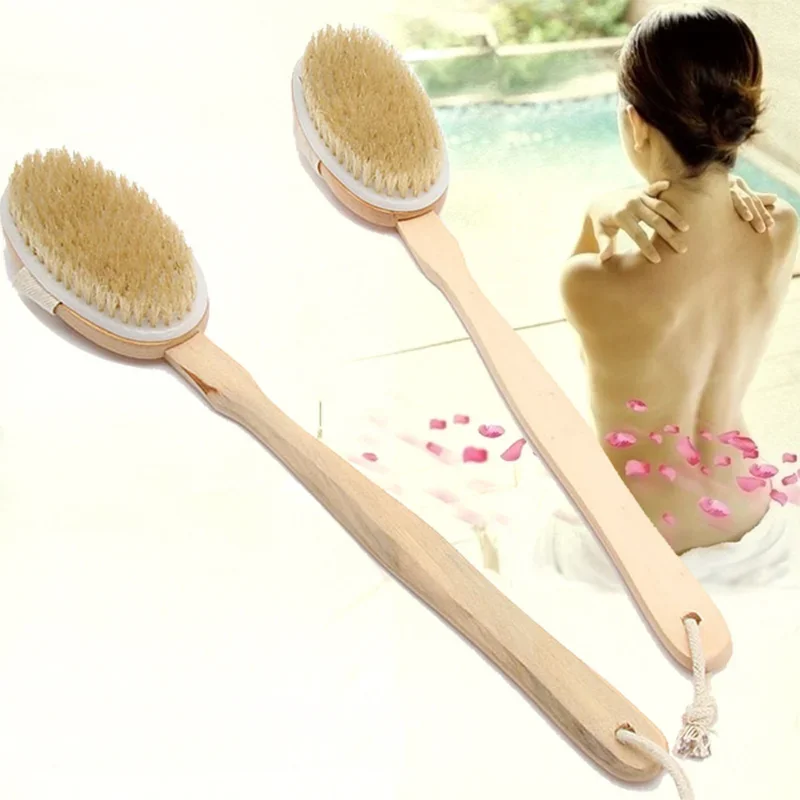 Bathroom Body Brushes Long Handle Bath Natural Bristles Brushes Exfoliating Massager with Wooden Handle Dry Brushing Shower Tool