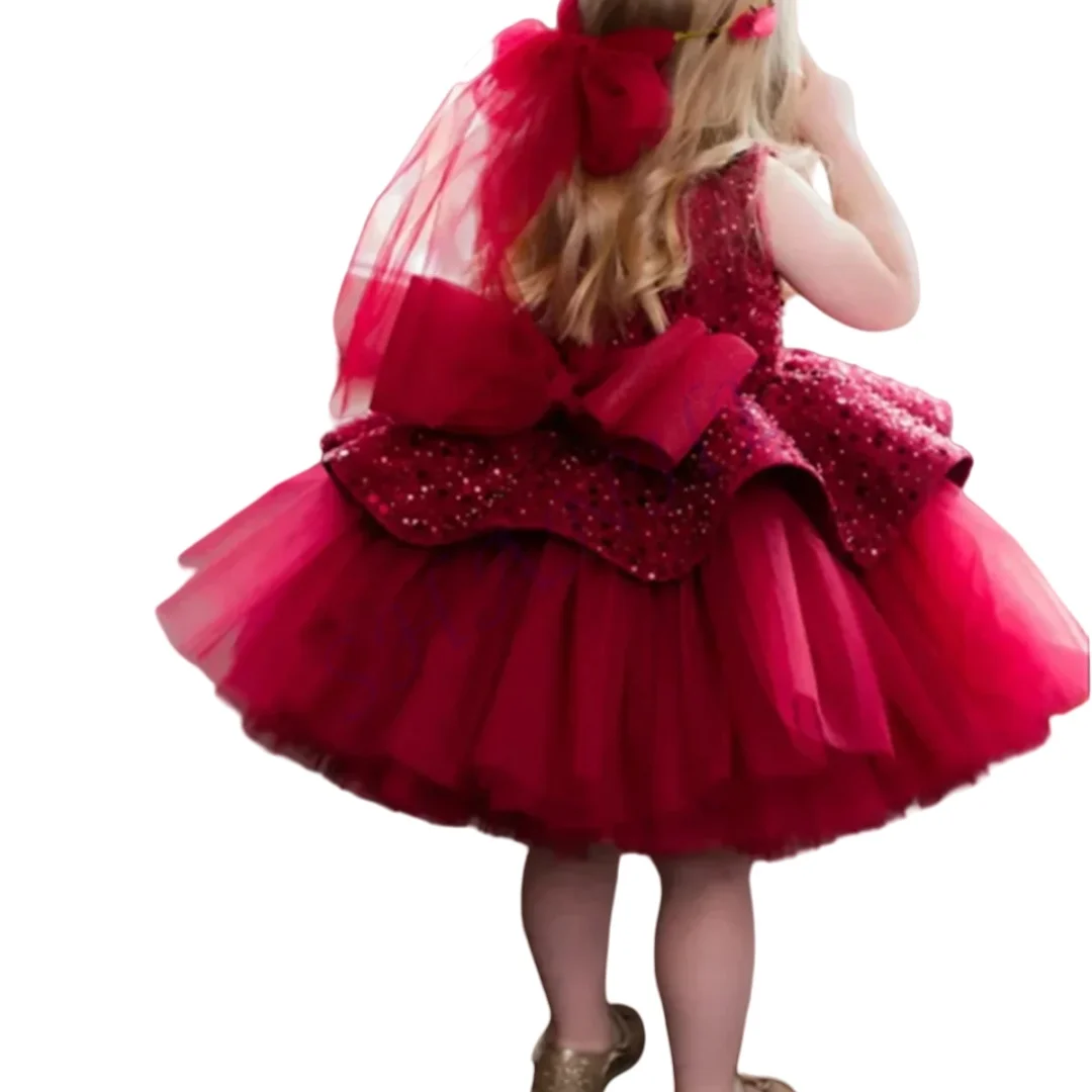 

CustomizedRed Flower Girl Dresses For Wedding Sequins Fluffy With Bow Little Girl Cute Birthday Party First Communion Ball Gown