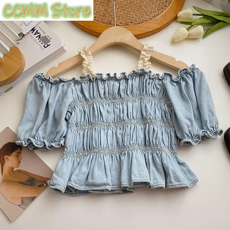 

New Jeans Camis Blouse Women Vintage Slash Neck Off Shoulder Sexy Shirt Korean Fashion Folds Y2k Slim Crop Top