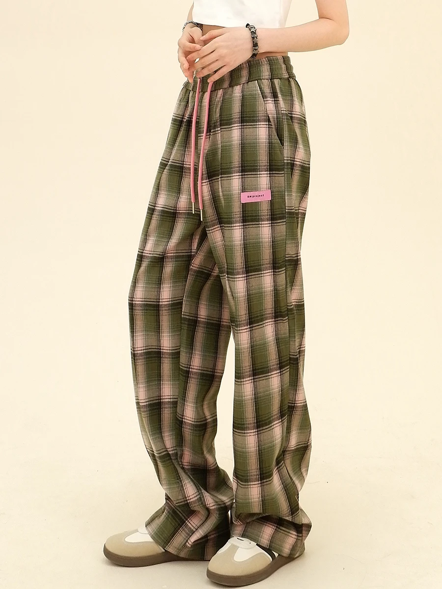 Checkered Casual Pants for Women in Spring 2024, New Loose Fitting BF American High Street Wide Leg Trend