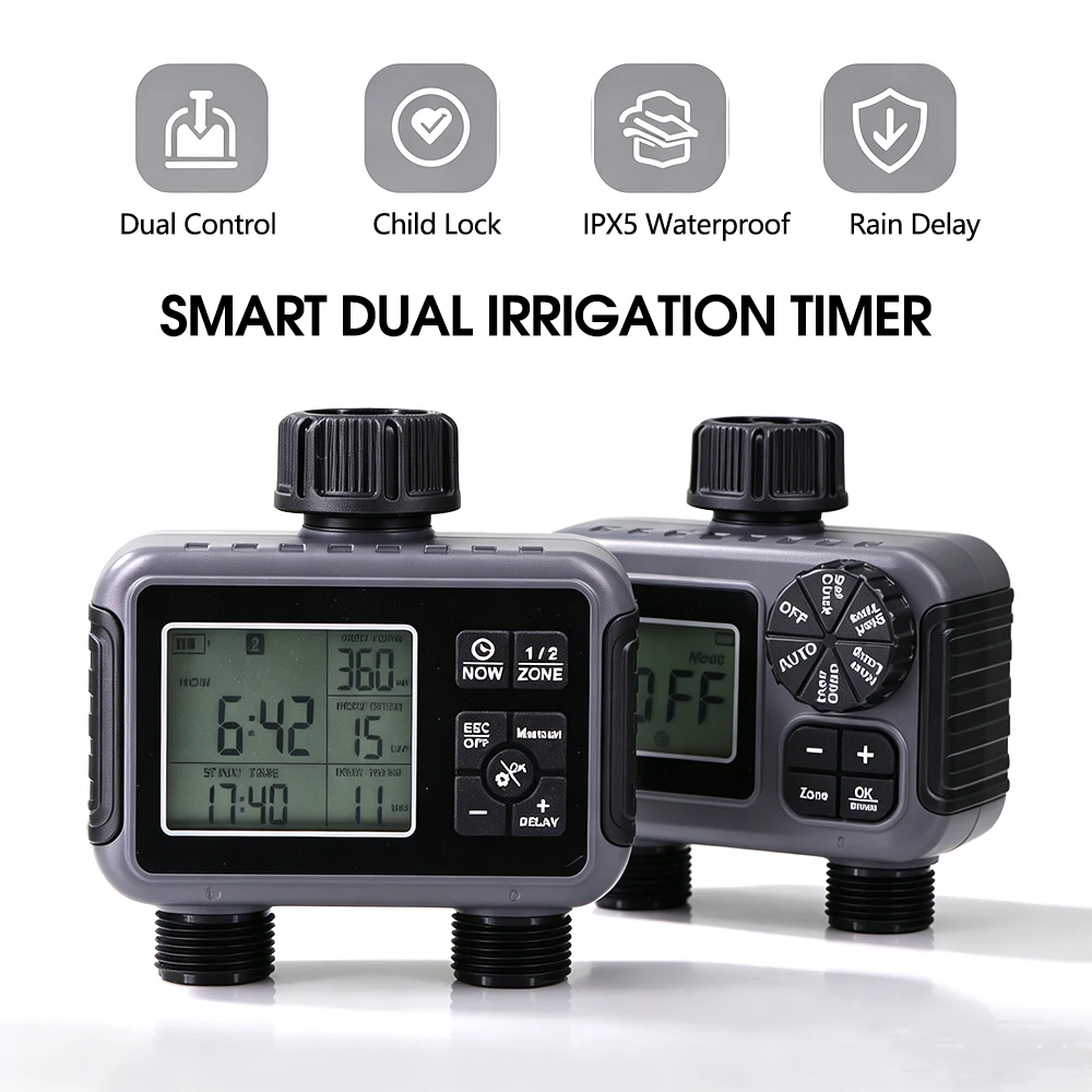 Dual-Zone Programmable Watering Timer for Garden Hose Lawn Sprinklers Automatic Irrigation Systems Controller IPX5 Waterproof