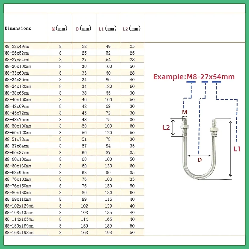 M6 M8 304 Stainless Steel U-Bolt Pipe Clamp 12-219mm Tube Clamp Fixing Buckle U-Shaped Screw Heavy Duty Corrosion Resistant