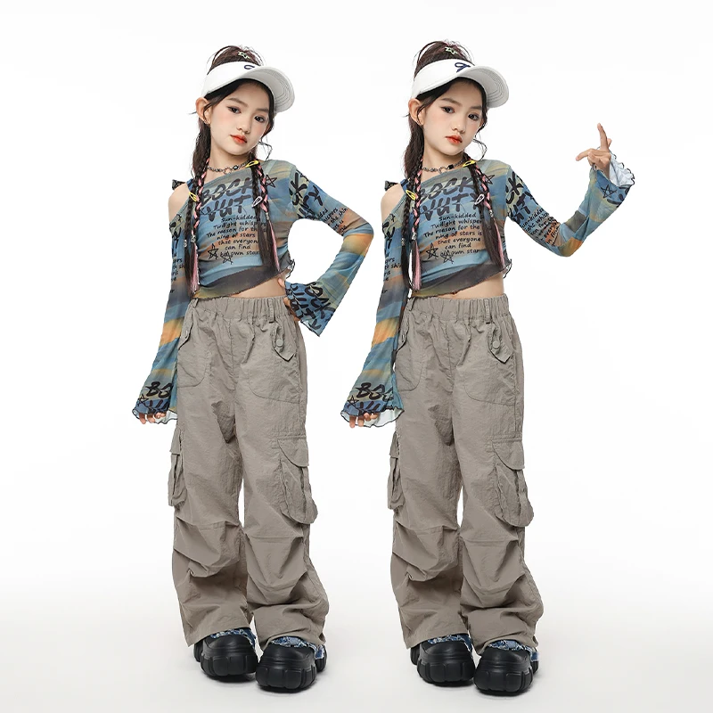 

Наряд в стиле хип-хоп, детские укороченные топы с открытыми плечами, брюки-карго для уличных танцев, уличная одежда для девочек, детский джазовый костюм, сценическая одежда, комплект одежды