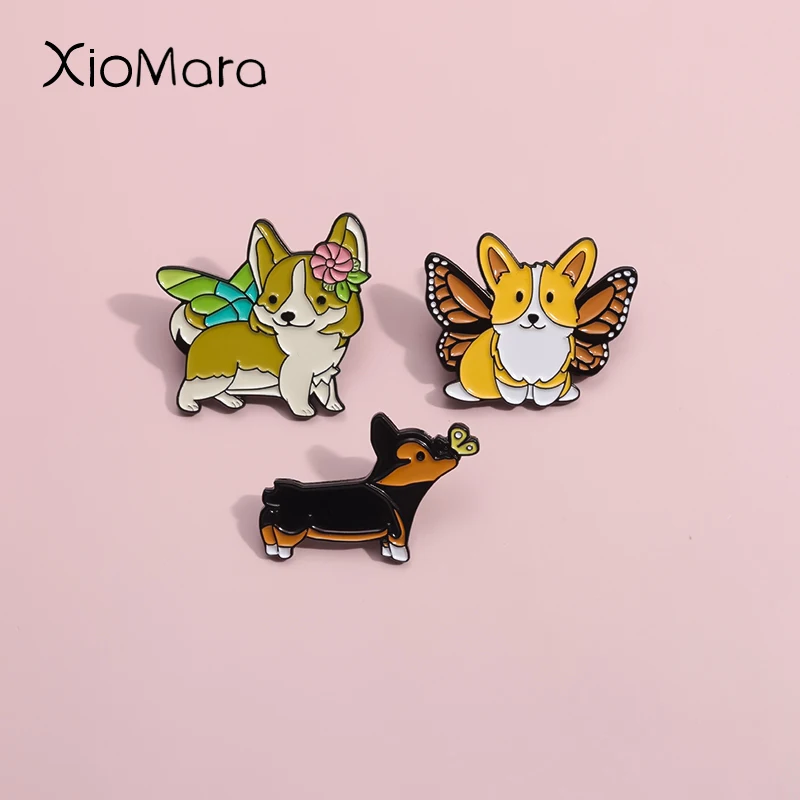 Upturned Buttocks Dogs Enamel Pins Custom Sweet Fairy Corgi Butterfly Animal Brooches Lapel Badges Funy Jewelry Gift For Friends