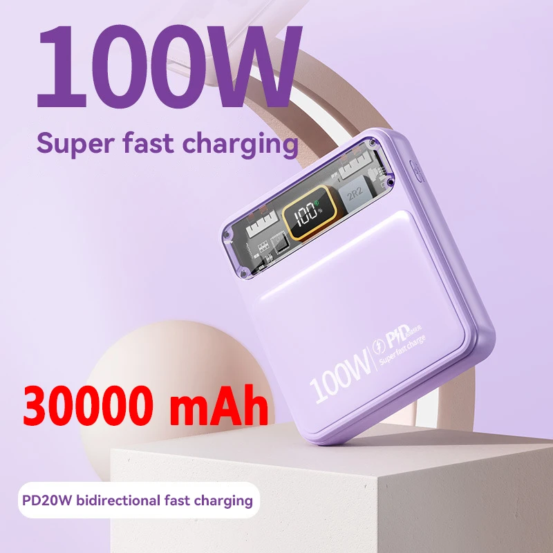 

100W Super Fast Charging 30000mah Power Bank With Built-In Cable Pd 20W Portable Powerbank Multi-Color For Iphone Xiaomi Samsung