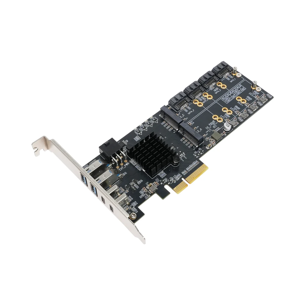 Lekuo SouthBridge Max ohne Bifurkation PCIe 4.0 zu 4 M.2 NVMe SSD Adapterkarte 4 SATA 6G 20G USB-C Riser Erweiterung für PC NAS