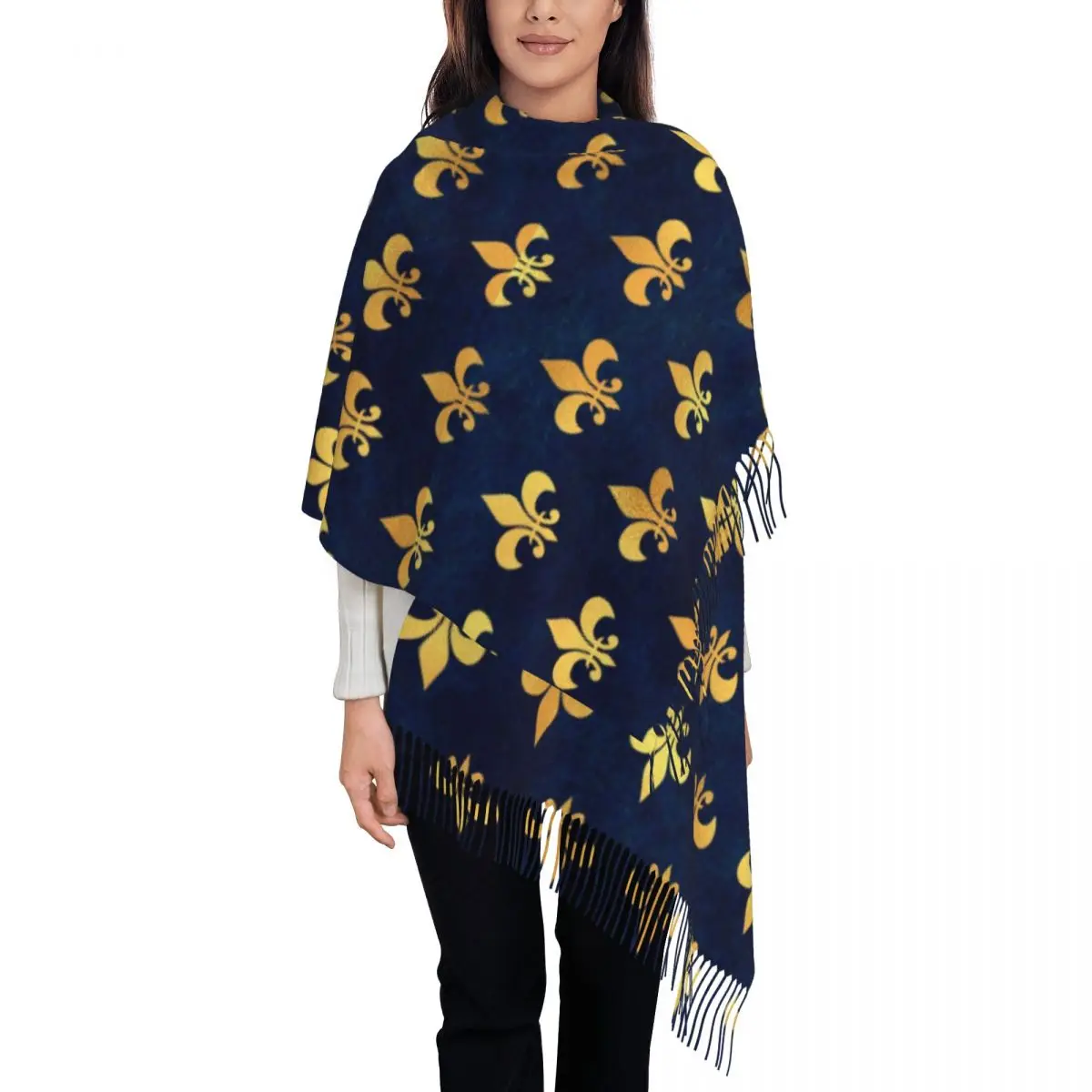 Custom Royal Gold Blue Grunge Fleur De Lis Tassel Scarf Women Winter Fall Warm Shawls Wraps Ladies Lily Flower Scarves