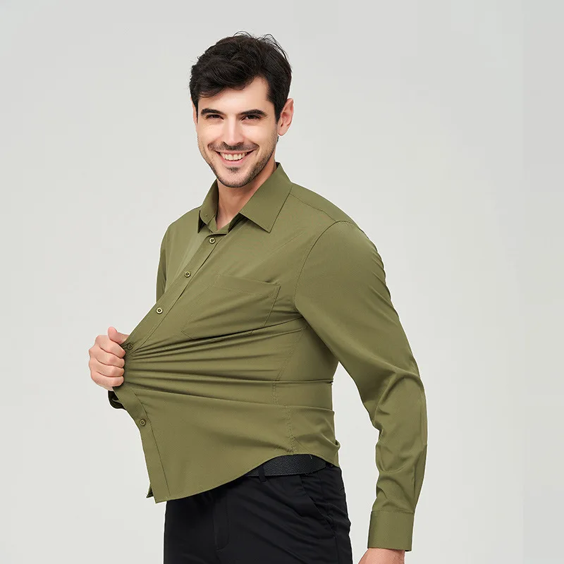 

Мужские рубашки, весенне-осенние классические базовые блузки с длинными рукавами для взрослых, повседневные свободные однотонные деловые мужские эластичные топы с лацканами