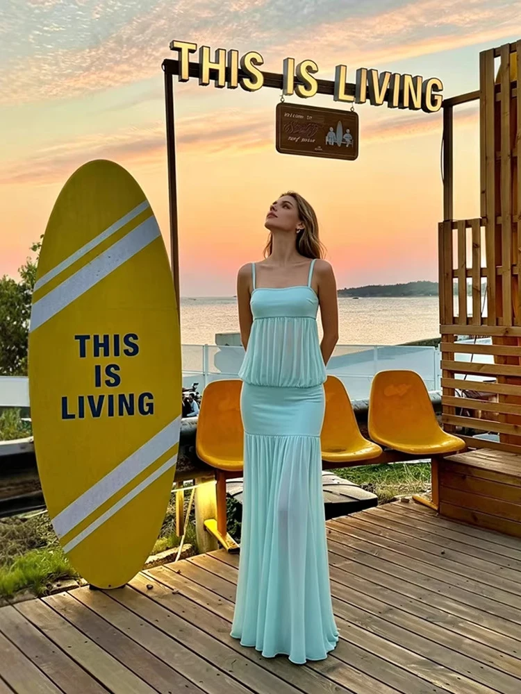 

Elegant Spaghetti Strap Patchwork See Though Maxi Dress for Women Light Blue Hollow Out Slim Dresses Celebrity Club Party Gowns