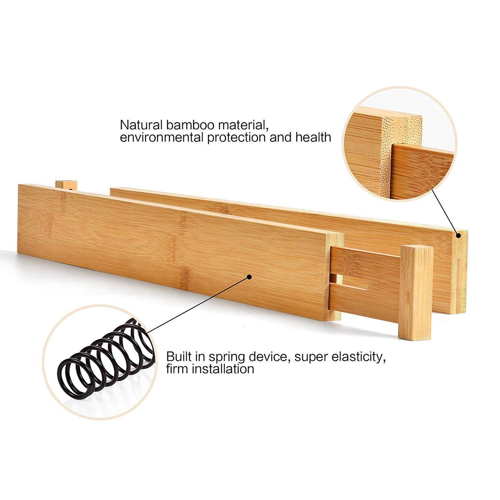 Adjustable Bamboo Drawer Dividers Organizers, Spring Loaded Expandable Kitchen Drawer Separators Wooden Drawer Organization