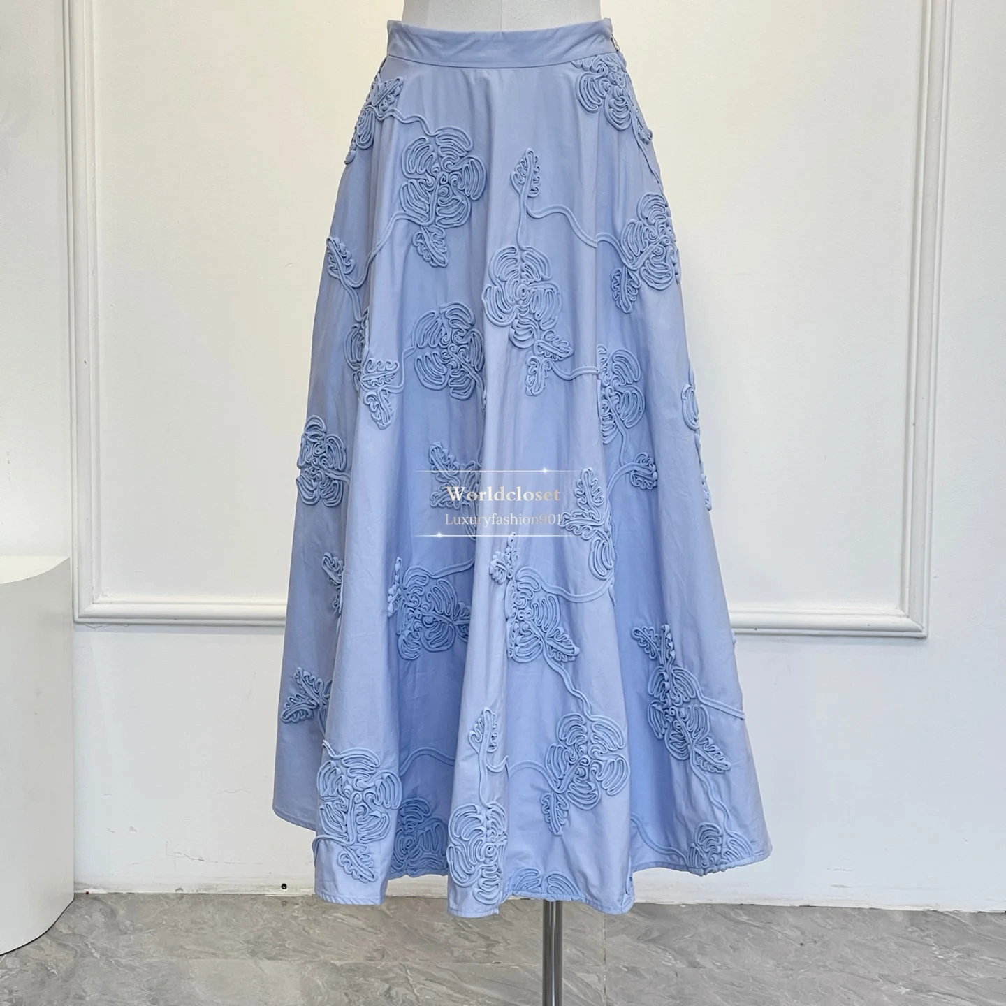

Light Blue Floral Embroidered High Waist A-Line Flared Midi Skirt