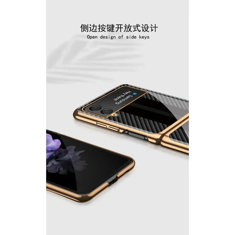 Luxury Tempered Glass Carbon Fiber Texture Metal Plated Flip Case for Samsung Galaxy Z Flip6 Flip5 Flip4 Flip3 5G Back Cover