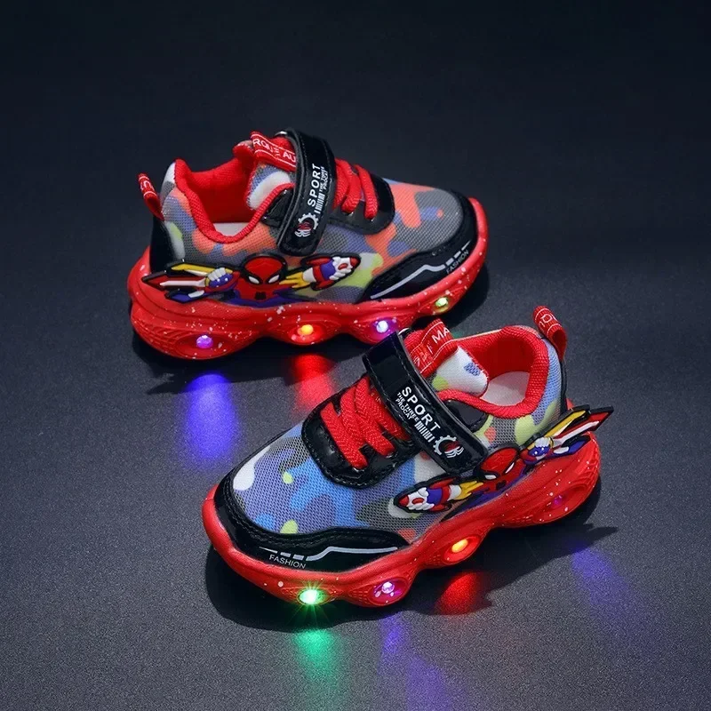 Disney Spiderman Children\'s Led Light Glowing Sneakers Fashion for Boys Girls Kids Shoes Up Breathable Sports Running Shoes