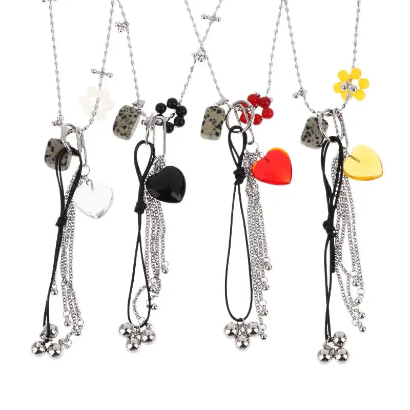 الأزياء الملونة كريستال القلب شرابة قلادة قلادة للنساء الفتيات رصدت المربعات سحر سلسلة طويلة الرقبة مجوهرات هدية #2