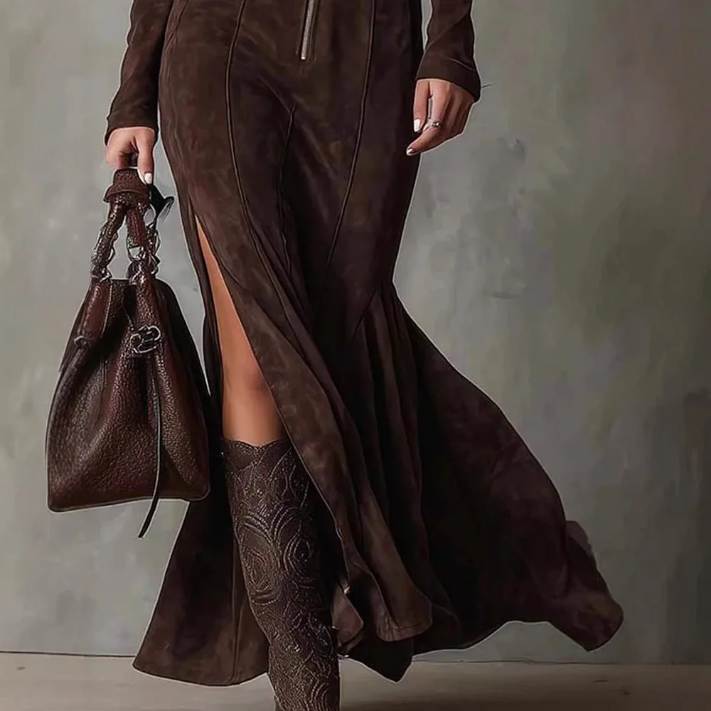 فستان عتيق بياقة واقفة للنساء لخريف وشتاء 2025 فساتين ماكسي ضيقة بأكمام طويلة أنيقة