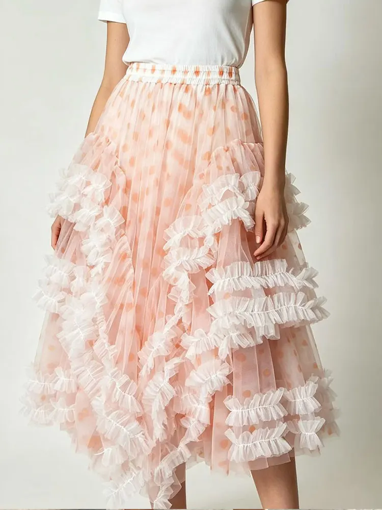 Women's new polka dot gauze dress elastic waist irregular lace big swing skirt Joker layered fluffy skirt fashion holiday skirt.