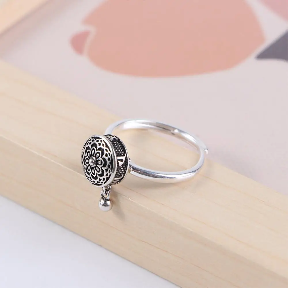 Vintage Six-character Mantra Metal Copper Heart Sutra Ring Men and Women Silver-plated Opening Rotatable Personality Ring