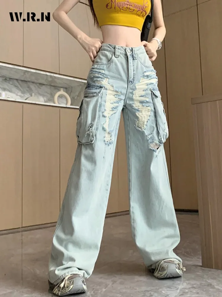 

Women Light Blue Harajuku Vintage High Waist Loose Jeans Streetwear Trashy Pants 2024 Summer Y2K Wide Leg Ripped Denim Trouser