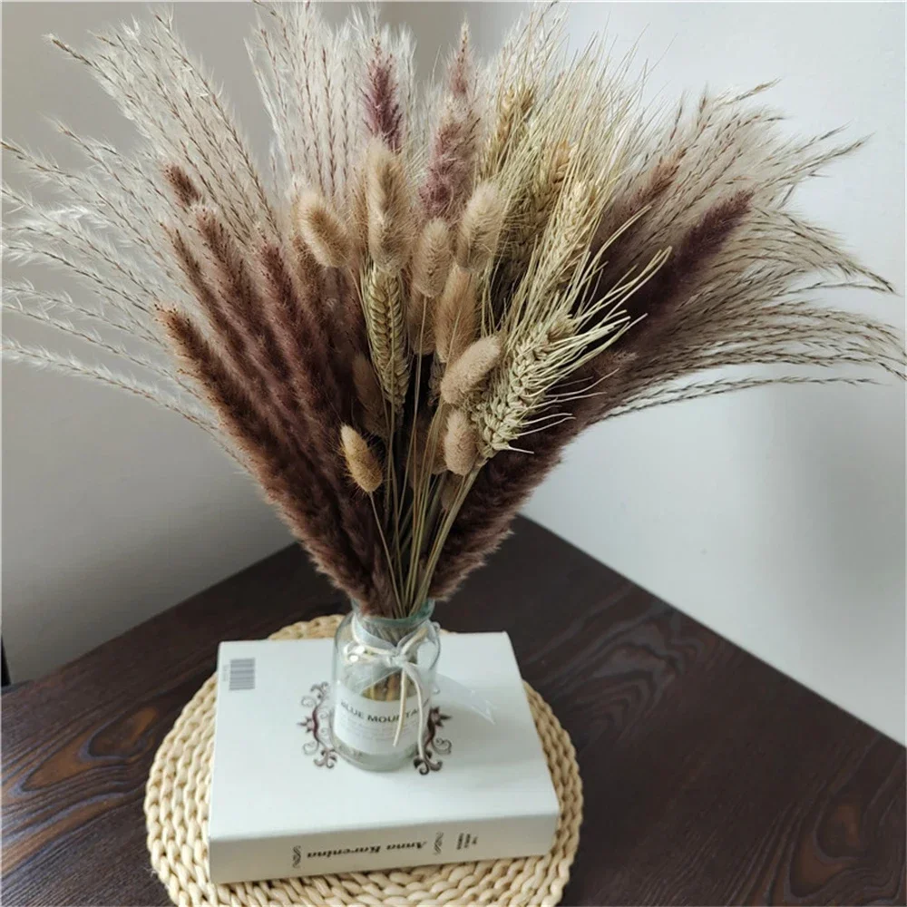 Natürlicher Trockenblumenstrauß, Schilfrohr-Pampas, Weizenohren, Hasenschwanzgras, Heu für Party, böhmische Heimdekoration, 45 cm, 30 Stück