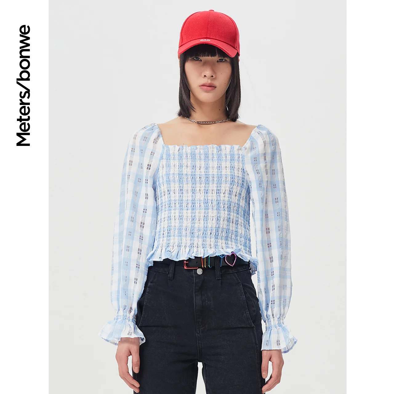 Metersbonwe-Women's Checked Shirt, Long-Sleeved Shirt, Large Collar, Casual Tops, Blue and Pink Brand, Spring Fashion