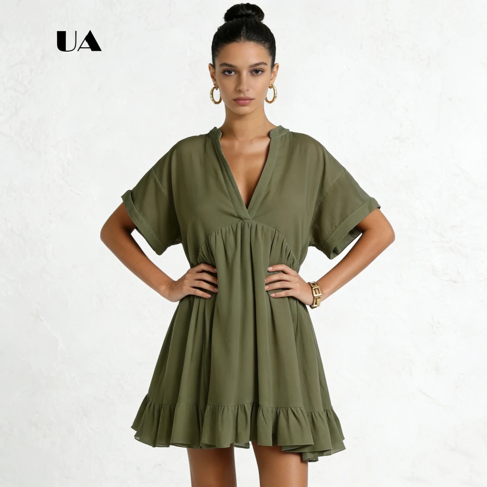 ULBYANRY Chiffon Loose Mini Dress with Ruffled Hem, Solid V-neck Draped Evening Dress for Woman, Cut Out Customized Party Gown