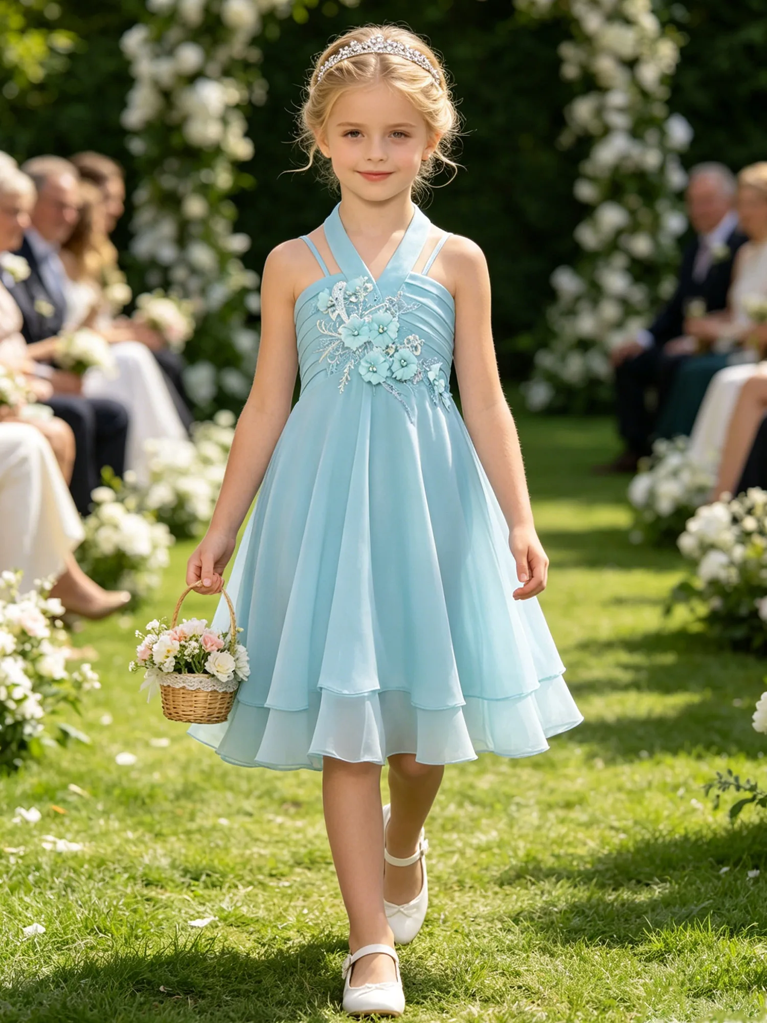 Children Girl Halter Applique Chiffon Party Dress Embroidery Pleated Bodice Tiered Elegant Gown Wedding Birthday Pageant Clothes