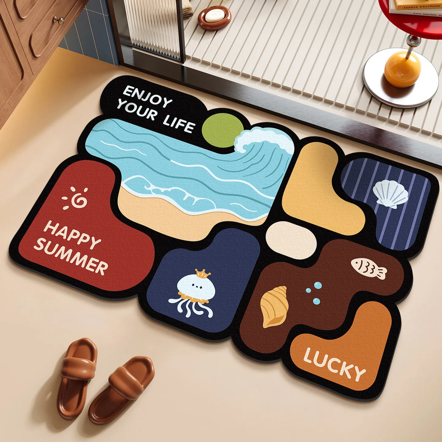VIKAMA Summer Beach Ocean Puzzle Shaped Bath Mat Non Slip Washable Absorbent Rug Cartoon Jellyfish Shell Home Decor Mat