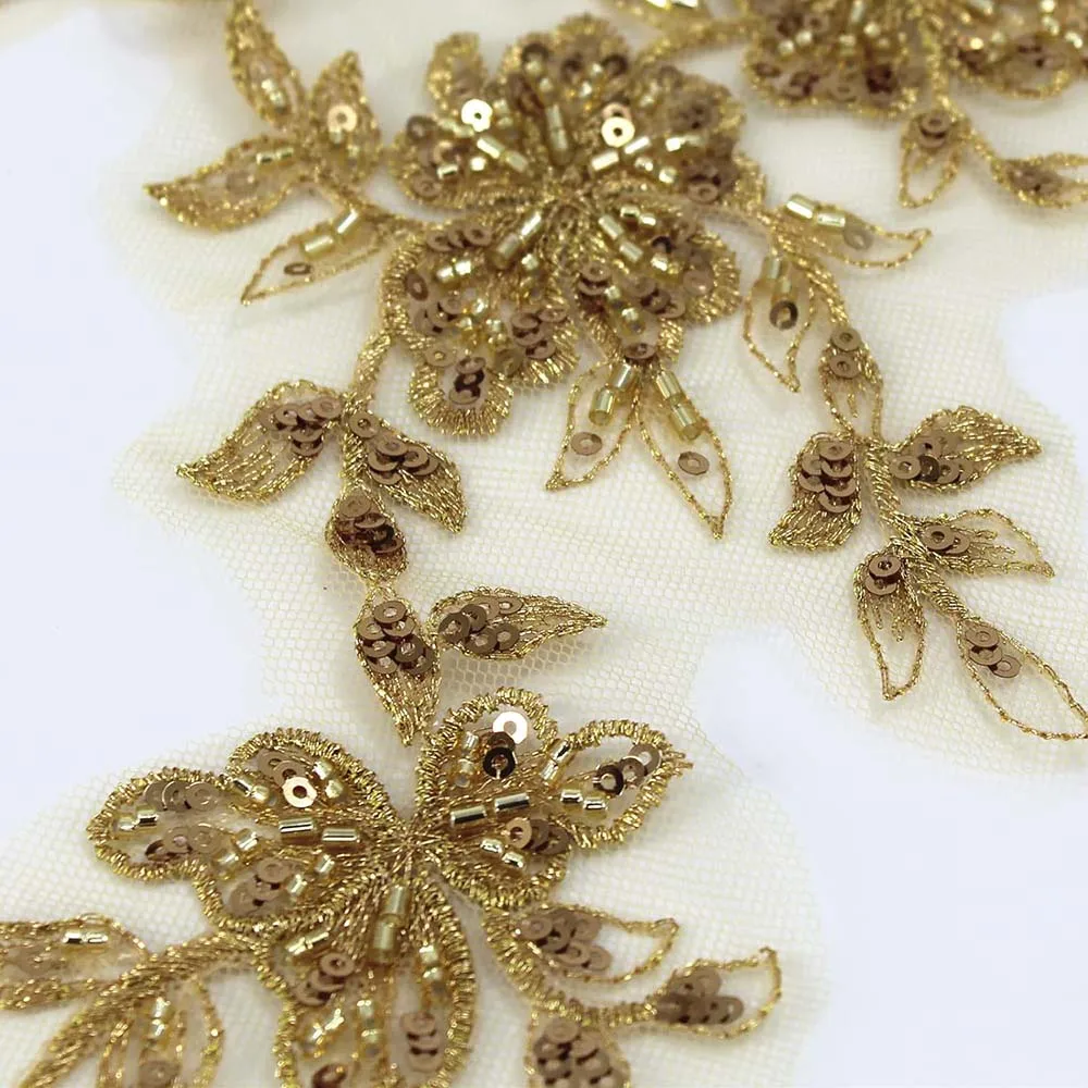 1 Pair Beaded Embroidery Sequin Lace Applique Golden Sew On Flower Fabric Collar Patch Motif Wedding Gown Dress Bridal DIY Craft