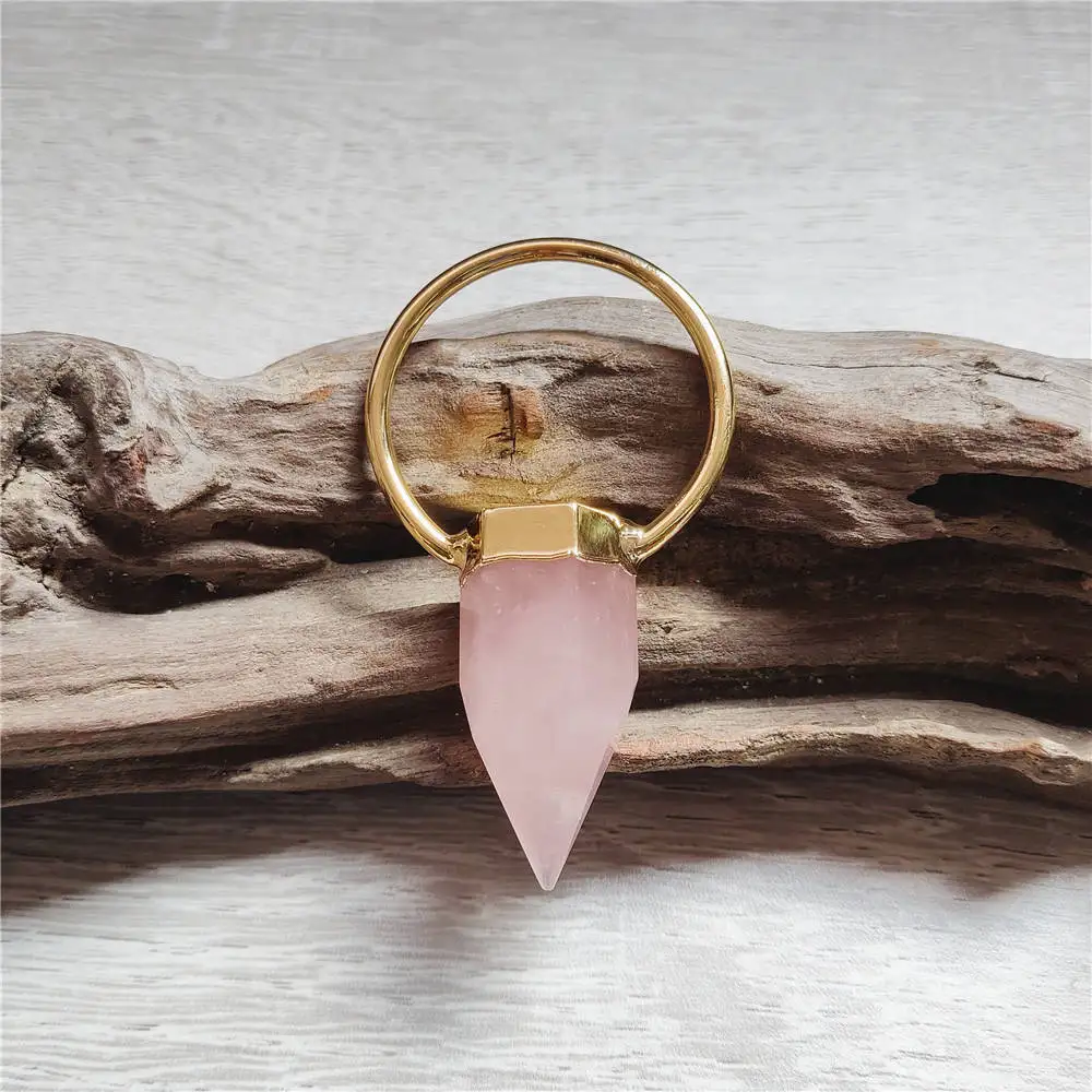 FUWO Natural Amethysts/Fluorite/Pink/Crystal Quartz Point Pendant,Golden Plated Srone Accessories For Necklace Making PD417