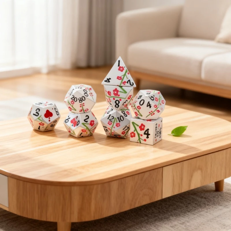 

7pcs Plum Blossom Print Metal Dice Set for Table Games Polyhedral Numbered Dice for DND COC Cthulhu Party Entertainment