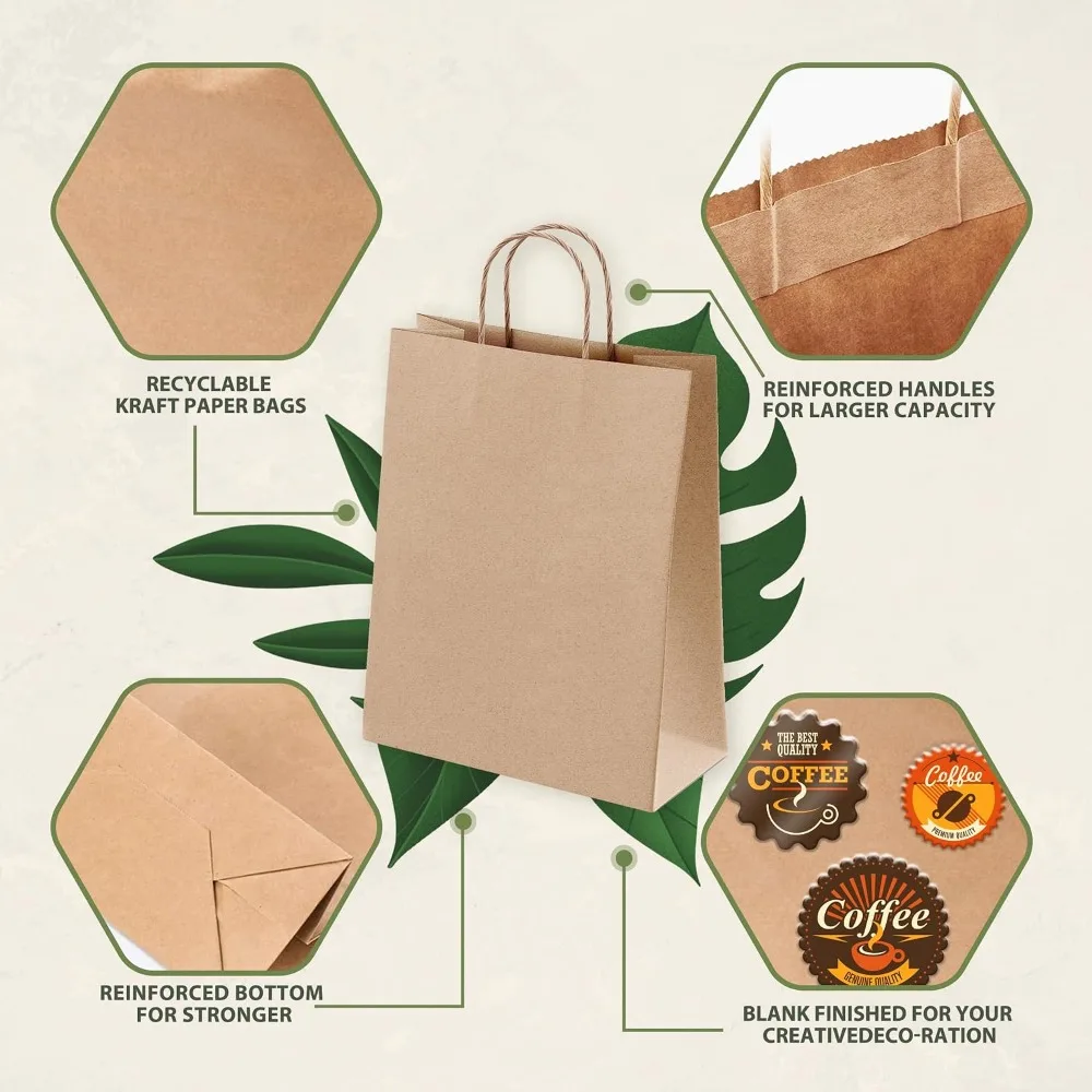 100 Kraft Paper Gift Bags with Handles, 8x4.25x10.25, Brown Bulk Bags for Party, Shopping view 5