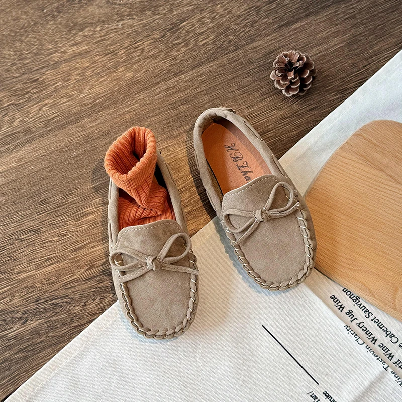 Children Casual Flats 2025 New Fabric Moccasin with Simple Bow Girls Minimalist Style Princess Shoes Anti Slip Wear-resistant