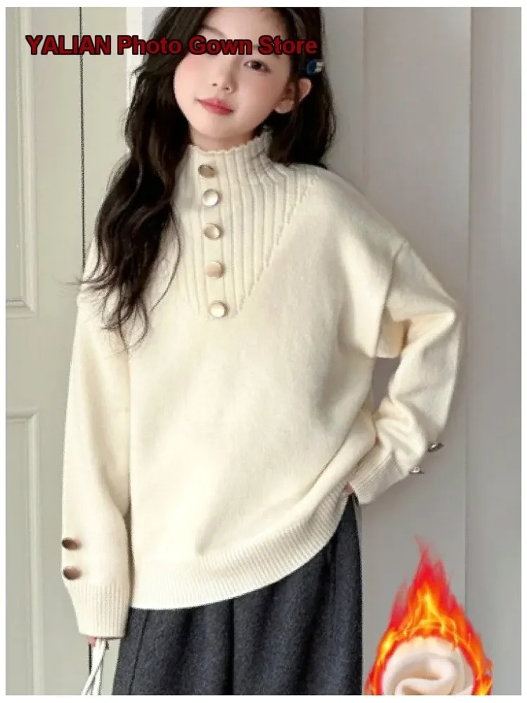 Girls Thickened Knit Top Winter Warm Solid Color Base Layer Top 2026 Trendy Innerwear Kids