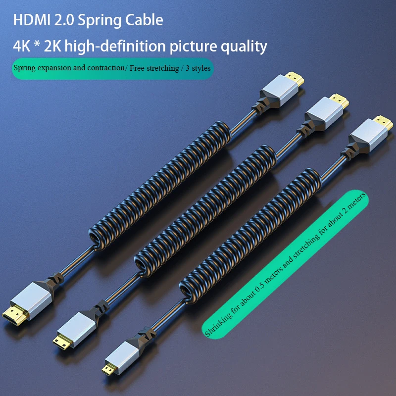 

For HDMI To Mini Microhdmi Bend Wire, Telescopic Spring Wire, 4K60HZ Audio Synchronous HDMI High-definition Cable Metal 2.0