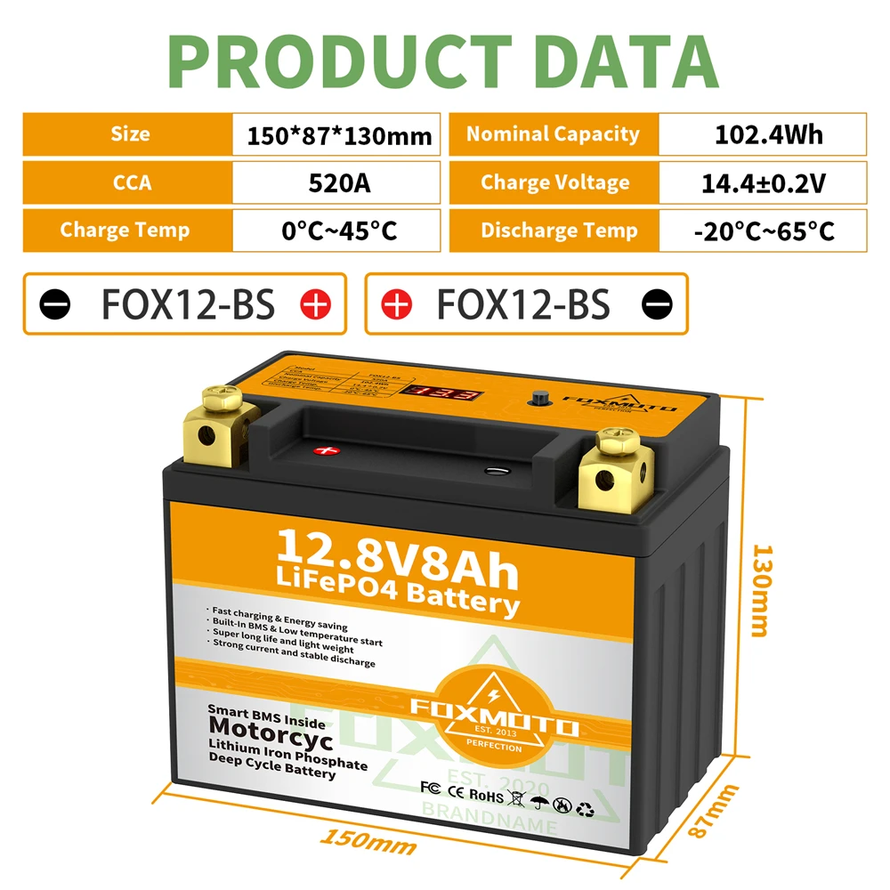 FOX12-BS 12.8V 102.4Wh CCA 520A BMS Motorcycle Start Battery 12.8V Lithium iron Phosphate Scooter LiFePO4 Batteries YTX12-BS