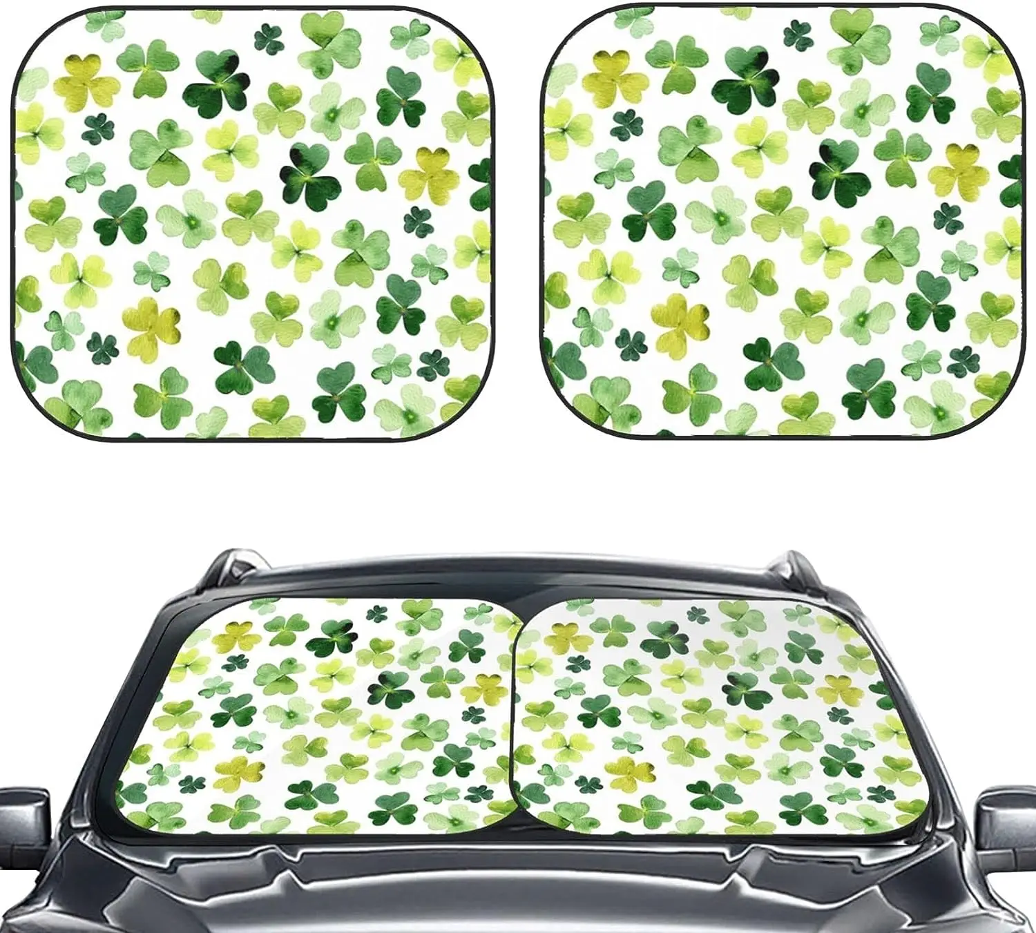 2 PC Car Windshield Sun Shade Watercolor Green Shamrock Leaves Print Sunshades Sun Visor Protector Blocks UV Rays Foldable