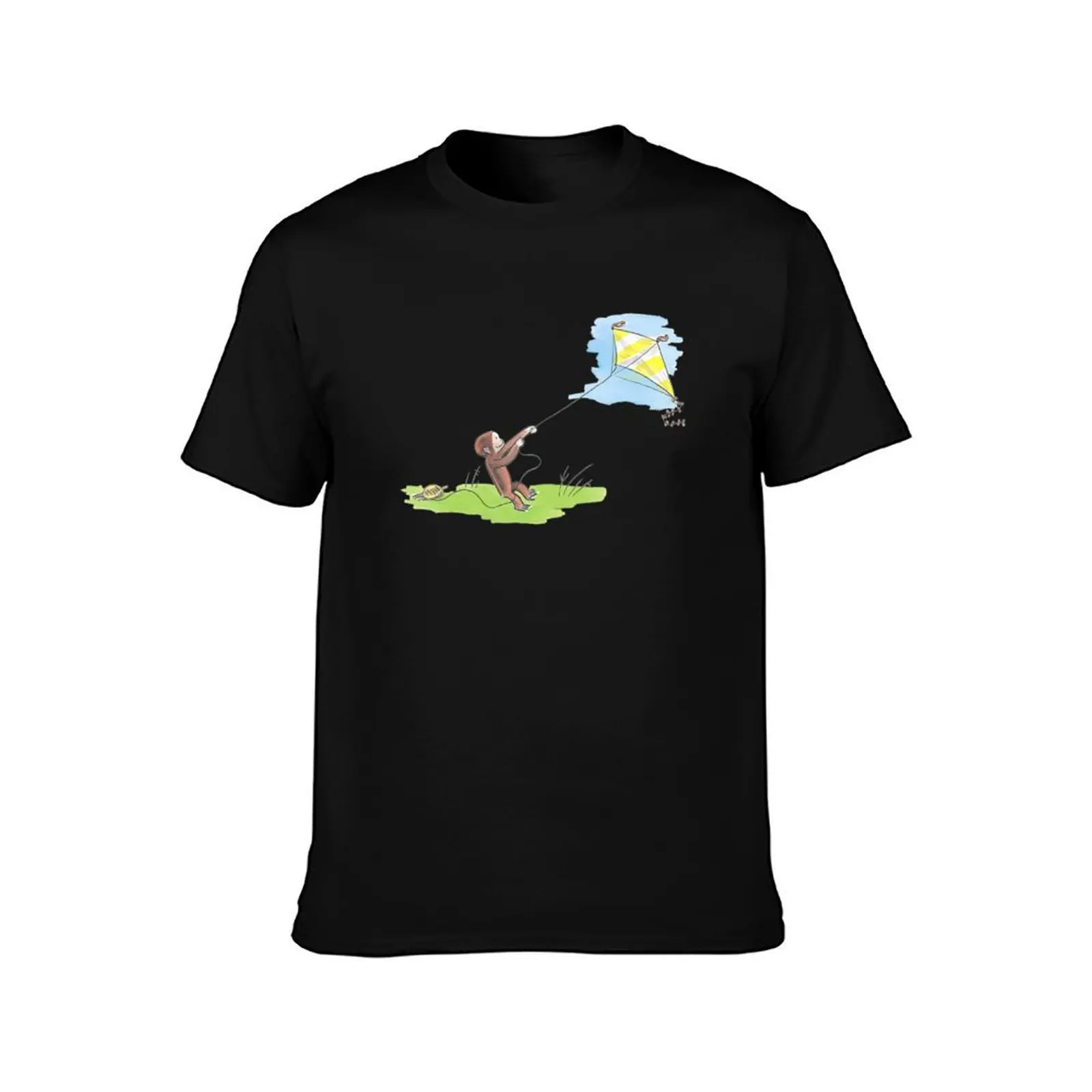 Curious George Flies Kite On A Sunny Day T-Shirt Big Size Short Sleeve Casual Top T-Shirt