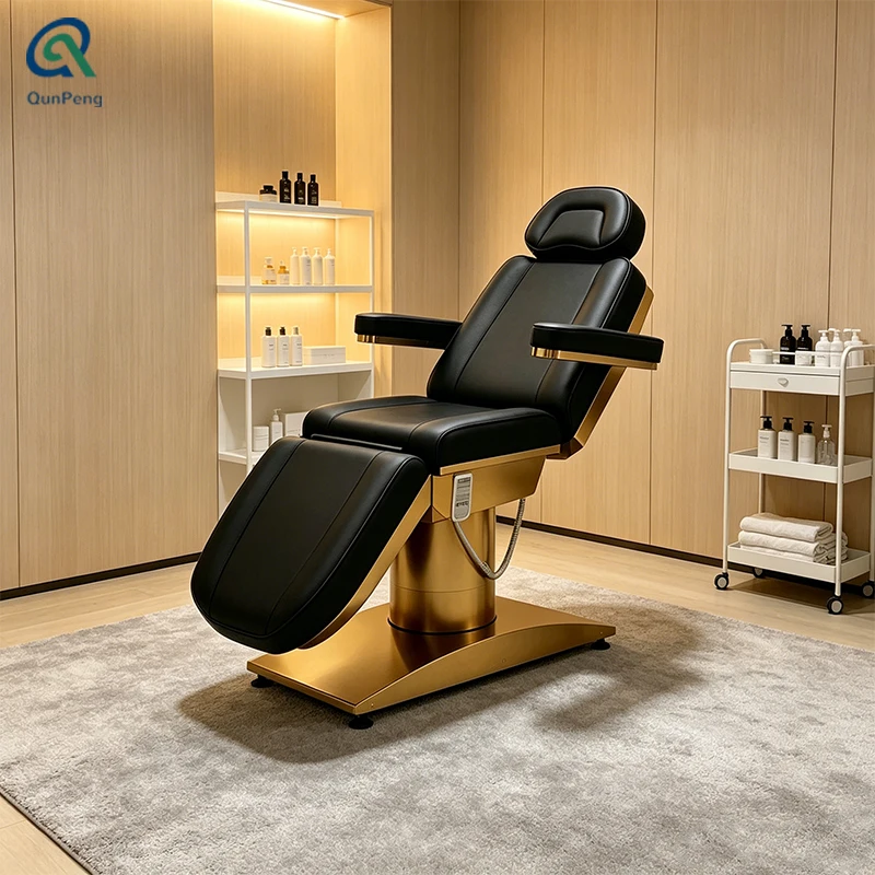 Qunpeng Gold Facial Bed 3 Motor Electric Salon Adjustable Rotation Cosmetic Extension Facial Spa Chair Massage Beauty Lash Bed