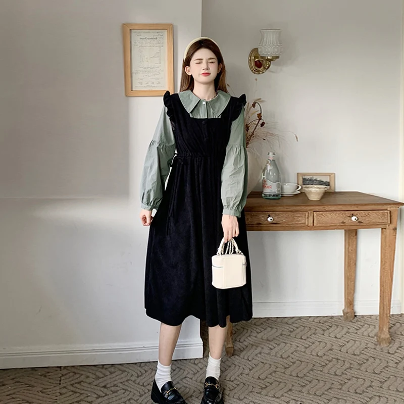 

plus Size Autumn Winter Plump MM Slimming College Sle Fake Two-Piece Velvet Long Dr Belly Concealing Age-Defng Dr