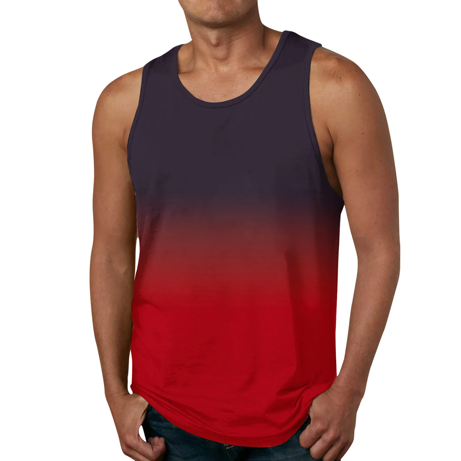 Mens Gradient Print Vest O-Neck Sleeveless Loos Elastic Elegant Singlet Clothes Summer Streetwear Sports Stretch Tops Garment