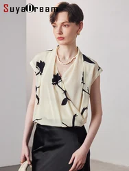 SuyaDream, Women Printed Blouses, 100%Silk Crepe, V Neck, Chic Summer Shirts, 2024 Spring Autumn Elegant Top