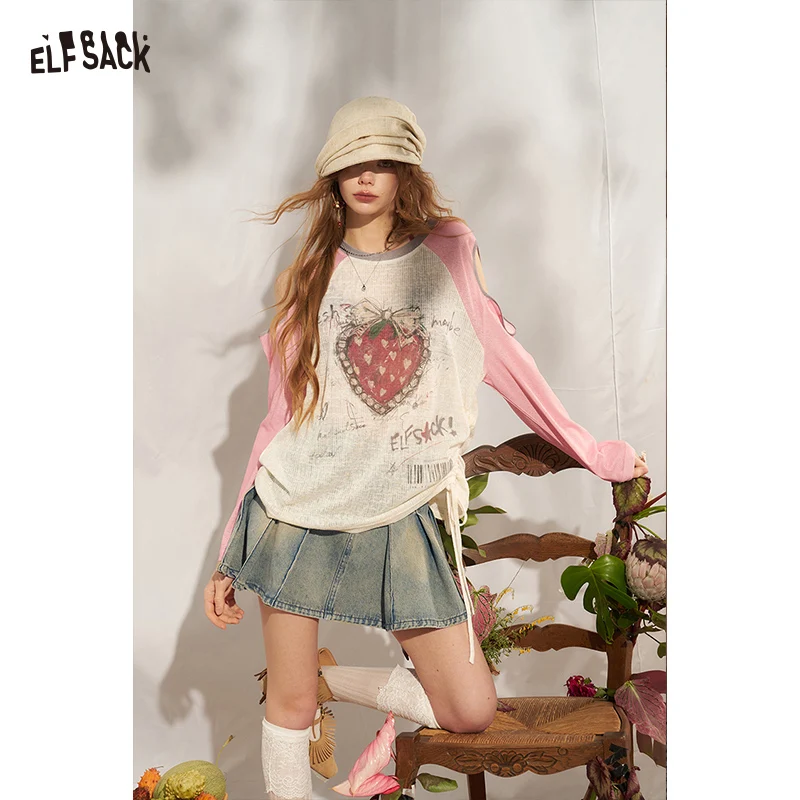 ELFSACK Strawberry Pink Colorblock Punk Top, Cutout Shoulder Knit Jacquard Tee, Drawstring Hem Streetwear