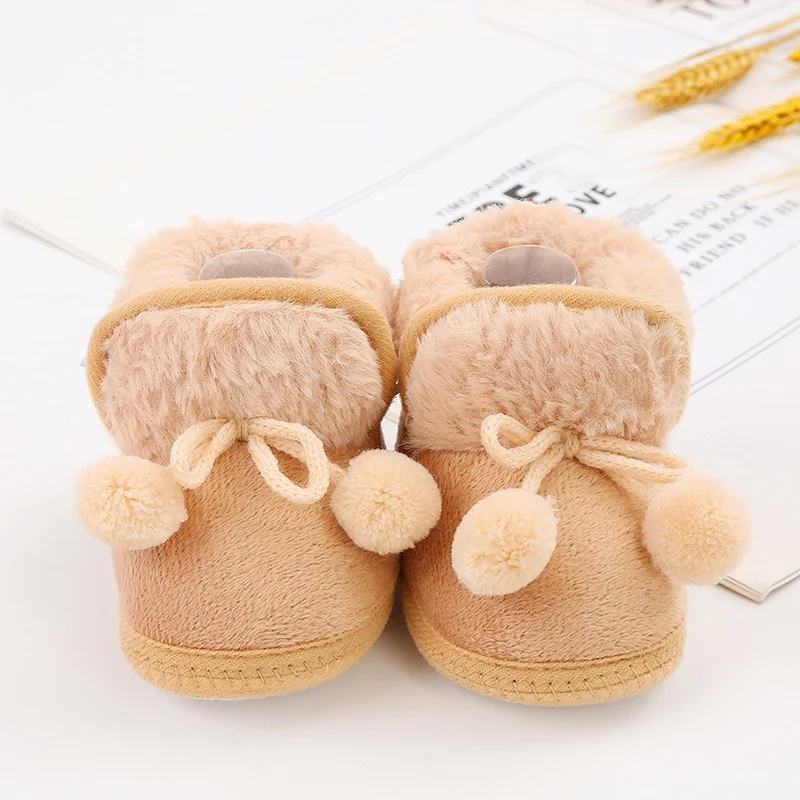 Winter Snow Baby Boots Faux Fur Warm Fluff Balls Indoor Cotton Soft Sole Infant Newborn Toddler Baby Shoes 0-18M