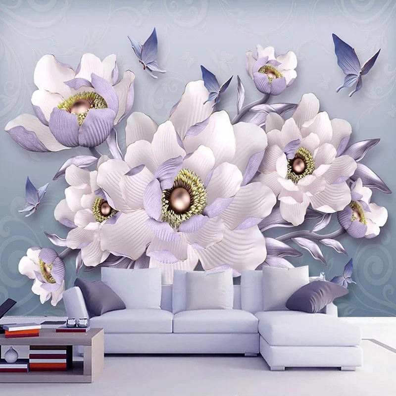 

Custom 3D Mural Romantic Purple Peony Flowers Jewelry Butterfly Wallpaper for Bedroom Living Room Decor TV Background Wall Decor