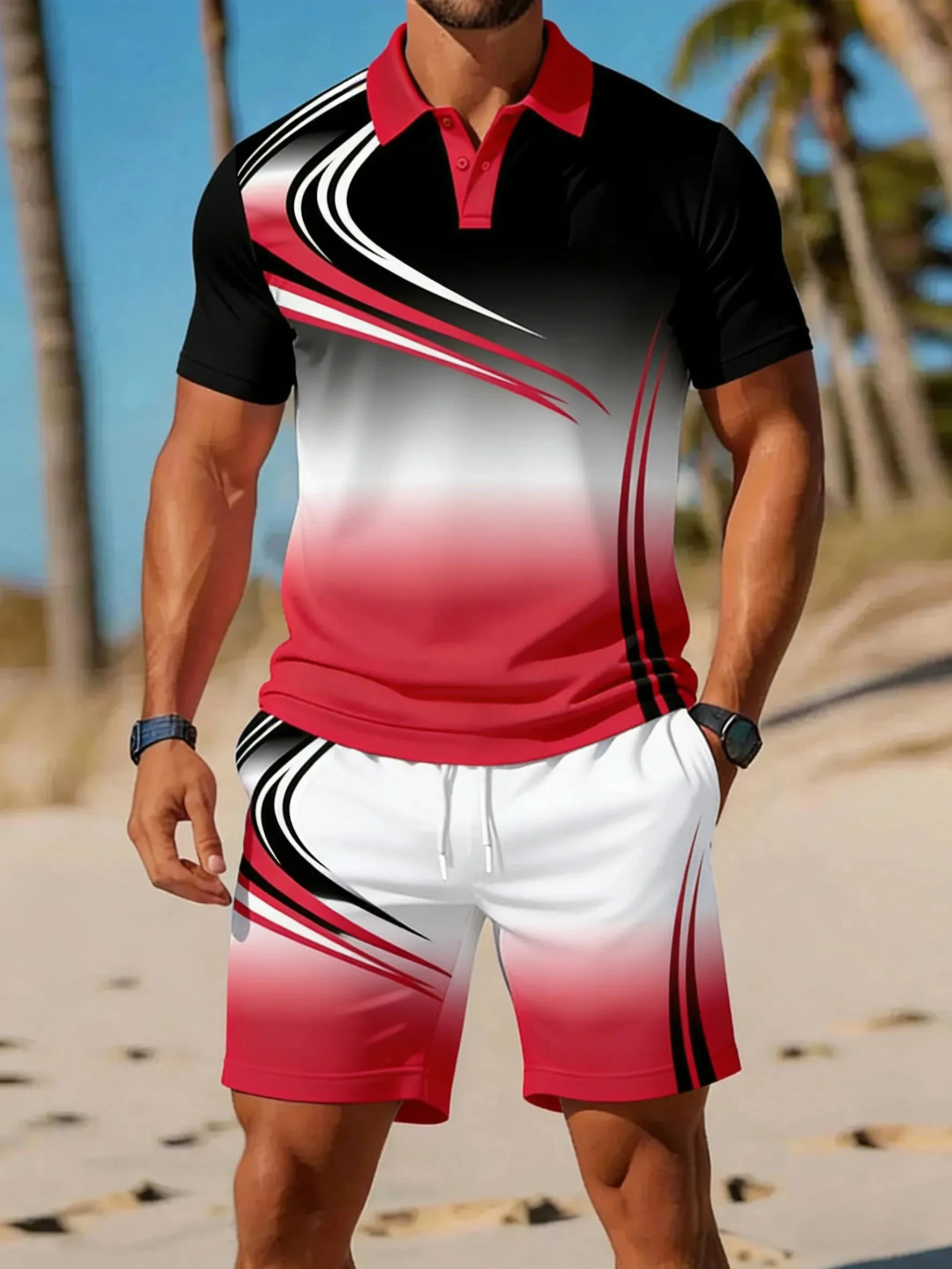 Men's Summer Tee Set Fashion Button Polo Shirt and Shorts 2 Piece Outdoor Ride Sports Outfit Casual Breathable Short Sleeve Suit