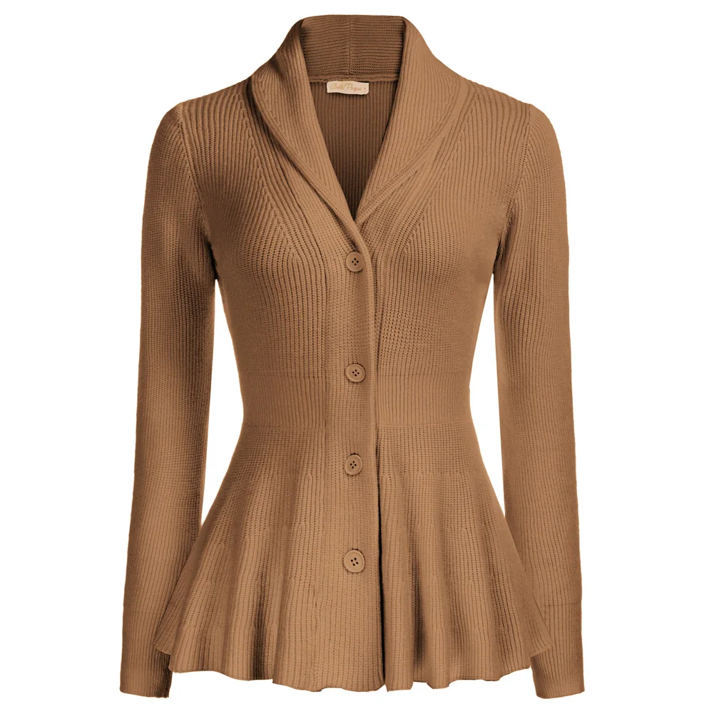 BP damski sweter rozpinany Slim Fit Peplum Hem bluza z długim rękawem szal Lapel zapinany na guziki sweter jesienny w stylu Harajuku Top