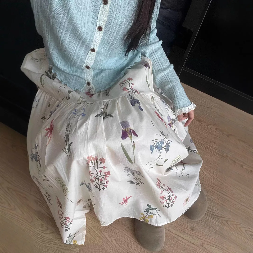 CLAYMIX 2025 Floral Elastic Waist Midi Skirt For Women's Spring Summer A Line Skirt
